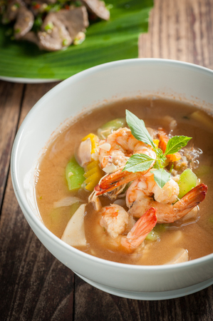 Thai Spicy Mixed Vegetable Soup with Prawnsの写真素材