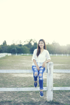 woman in a farm, breathe fresh air outdoors.Concept Refresh and beautyの写真素材