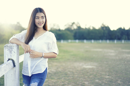 woman in a farm, breathe fresh air outdoors.Concept Refresh and beautyの写真素材