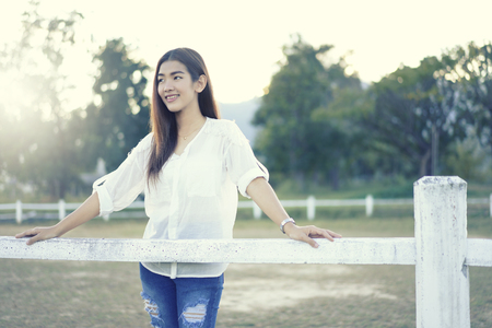 woman in a farm, breathe fresh air outdoors.Concept Refresh and beautyの写真素材