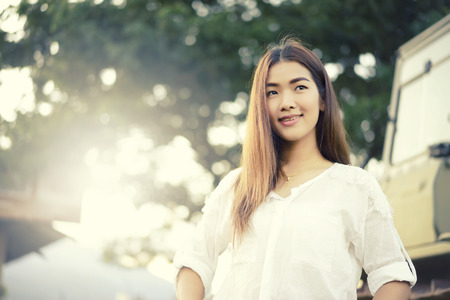 woman in a farm, breathe fresh air outdoors.Concept Refresh and beautyの写真素材
