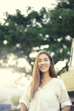 woman in a farm, breathe fresh air outdoors.Concept Refresh and beautyの写真素材