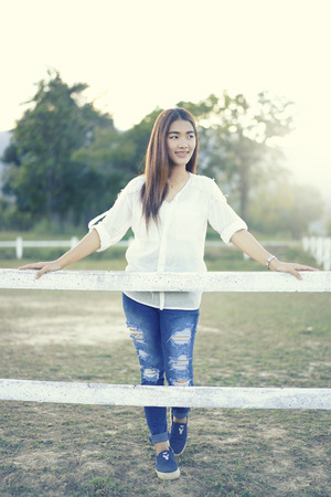 woman in a farm, breathe fresh air outdoors.Concept Refresh and beautyの写真素材