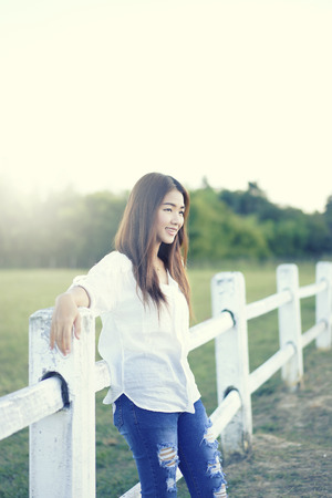 woman in a farm, breathe fresh air outdoors.Concept Refresh and beautyの写真素材