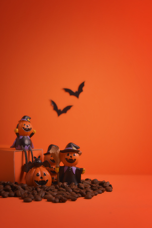 Halloween pumpkins jack-o-lantern on orange background. Halloween pumpkin background. Halloween. jack-o-lantern. Halloween jack-o-lantern. Happy Halloween.の写真素材