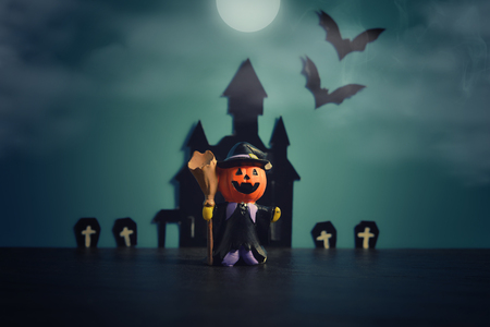Halloween pumpkins jack-o-lantern on dark blue background. Halloween pumpkin background. Halloween. jack-o-lantern. Halloween jack-o-lantern. Happy Halloween.の写真素材