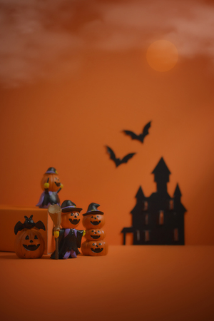 Halloween pumpkins jack-o-lantern on orange background. Halloween pumpkin background. Halloween. jack-o-lantern. Halloween jack-o-lantern. Happy Halloween.の写真素材