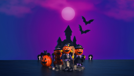 Halloween pumpkins jack-o-lantern with money coin stack growing business on dark blue background. Happy Halloween.の写真素材