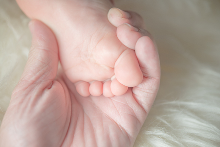Mother hold small bare feet of a little baby girl or boy. Sleeping newborn child. Bare feet of a cute newborn baby in warm white blanket.の写真素材