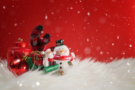 Christmas holiday background with Santa and decorations. Christmas landscape with gifts and snow. Merry christmas and happy new year greeting card with copy-space. Christmas celebration holiday background.の写真素材