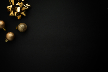 Happy new year 2018 holiday background with gold ornaments and decorations. Merry christmas and happy new year greeting card with copy space. New year celebration holiday background.の写真素材