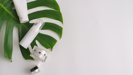 White cosmetic products and green leaves on white background. Natural beauty products for branding mock-up concept.の写真素材