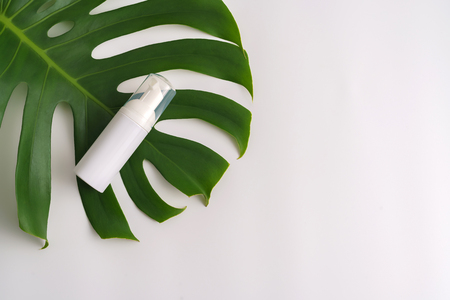 White cosmetic products and green leaves on white background. Natural beauty products for branding mock-up concept.の写真素材