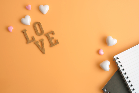 Flat view of valentines hearts and decoration on color background with copy space.の写真素材