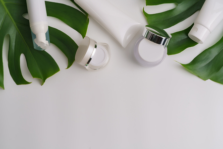 White cosmetic products and green leaves on white background. Natural beauty products for branding mock-up concept.の写真素材