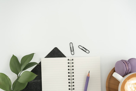 Styled stock photographywhite office desk table with blank notebook, cosmetic, supplies and coffee...
