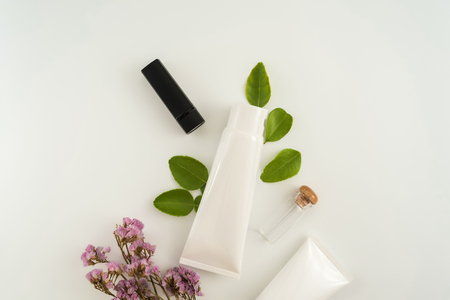 White cosmetic products and green leaves on white background. Natural beauty blank label for branding mockup concept.の写真素材