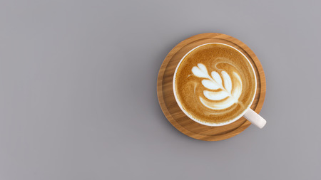 Coffee cup with wooden plate on grey color background.の写真素材