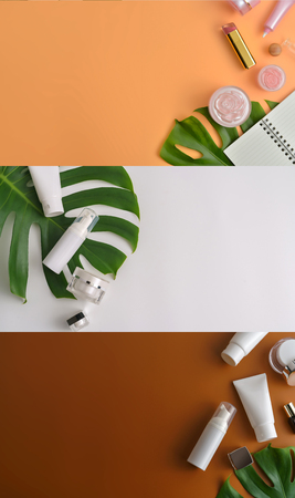 Set of white cosmetic products and green leaves on color background. Natural beauty products for branding mock-up concept.Top view with copy space. Flat layの写真素材
