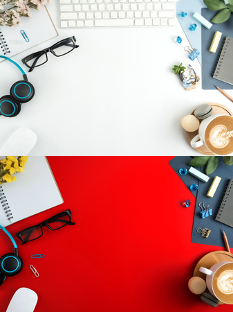 Set of office desk table with blank notebook, keyboard, macaroon, supplies and coffee cup. Top view with copy space. Flat lay.の写真素材