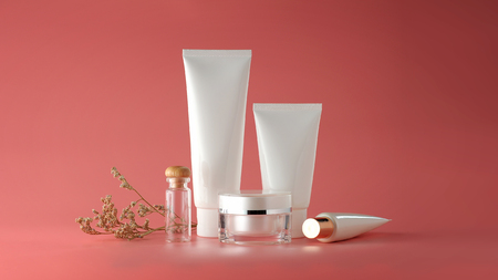Set of cosmetic products on a color background. Cosmetic package collection for cream, soups, foams, shampoo.Natural beauty blank label for branding mock-up concept.の写真素材