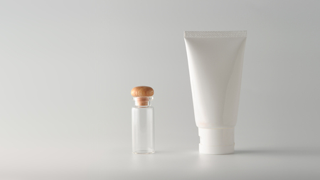 Set of cosmetic products on a color background. Cosmetic package collection for cream, soups, foams, shampoo.Natural beauty blank label for branding mock-up concept.の写真素材