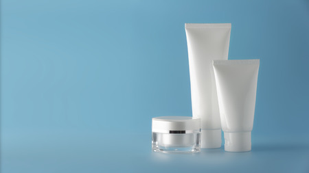 Set of cosmetic products on a color background. Cosmetic package collection for cream, soups, foams, shampoo.Natural beauty blank label for branding mock-up concept.の写真素材