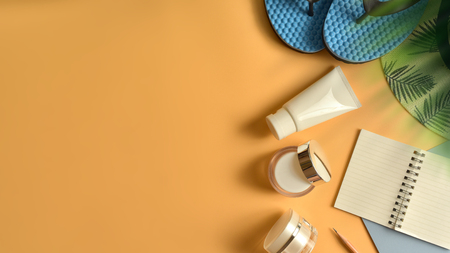 Flat lay, top view workspace with eye glasses, notebook, hat, sun block, shoes and coffee cup on yellow background. Summer stylish traveller blogger concept.の写真素材