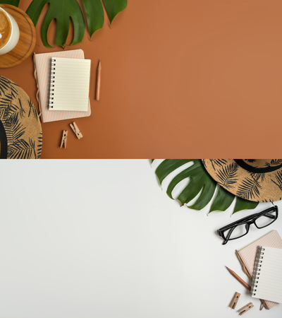 Flat lay, top view workspace with eye glasses, notebook, hat, pencil, green leaf, shoes and coffee cup on brown background. Summer stylish traveller blogger concept.の写真素材