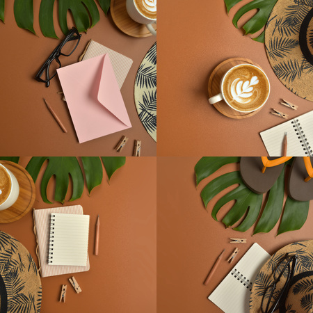 Flat lay, top view workspace with eye glasses, notebook, hat, pencil, green leaf, shoes and coffee...