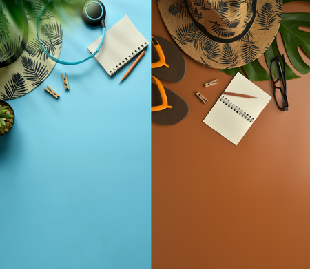 Flat lay, top view workspace with eye glasses, notebook, hat, pencil, green leaf, shoes and coffee cup on brown background. Summer stylish traveller blogger concept.の写真素材