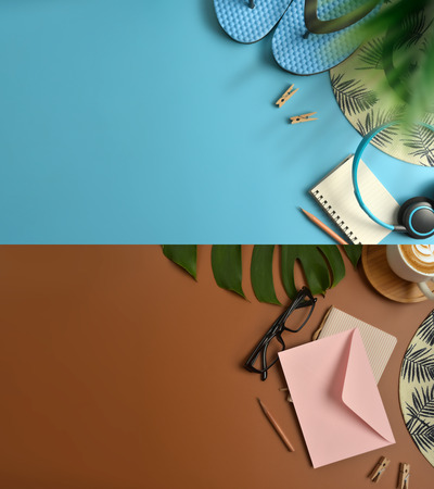 Flat lay, top view workspace with eye glasses, notebook, hat, pencil, green leaf, shoes and coffee cup on blue background. Summer stylish traveller blogger concept.の写真素材