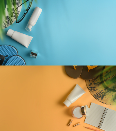 Flat lay, top view workspace with eye glasses, notebook, hat, sun block, shoes and coffee cup on yellow background. Summer stylish traveller blogger concept.の写真素材