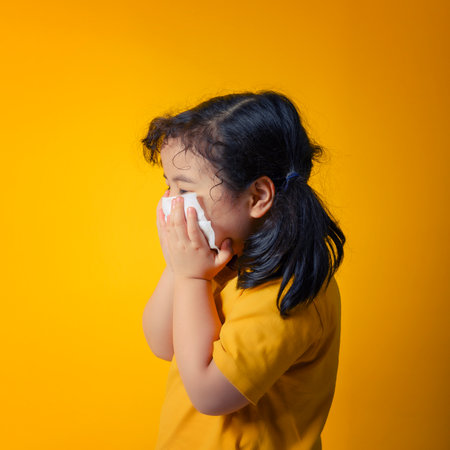Little asian girl sick and sad with sneezing on nose and cold cough on tissue paper becauseweak or virus and bacteria from dust weather and kindergarten and kindergarten school for medical.の写真素材