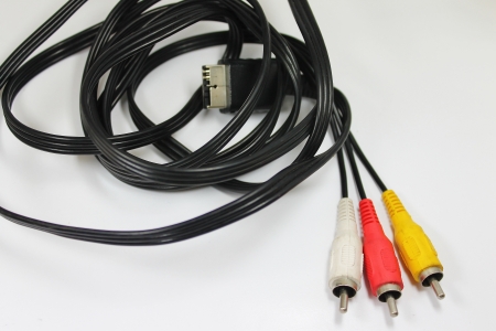 RCA cable adapter with jack plug and connectionsの写真素材