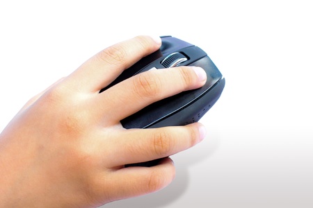 Computer mouse in hand isolated on whiteの写真素材