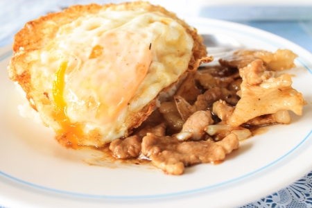 Pork fried garlic and fried eggの写真素材