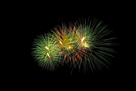Colorful green fireworks on the black sky backgroundの写真素材