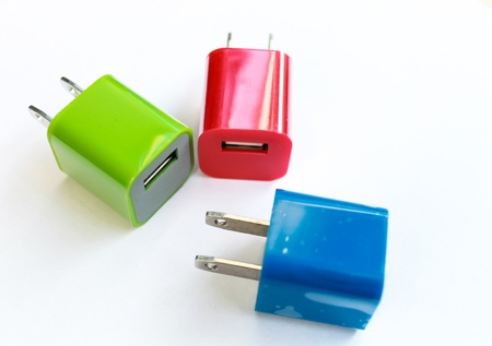 Charger plug color Red and Green and  Blue on white background