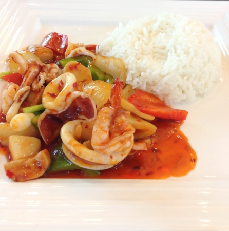 Spicy seafood Squid  with chiliesの写真素材