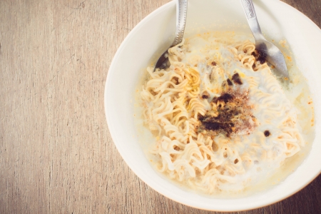 instant noodles on wooden table の写真素材