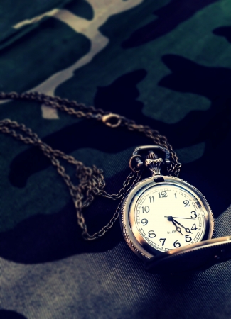 Pocket watch on Military fabric patternの写真素材