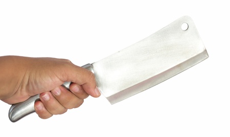 Human  hand with cleaver isolated on white backgroundの写真素材