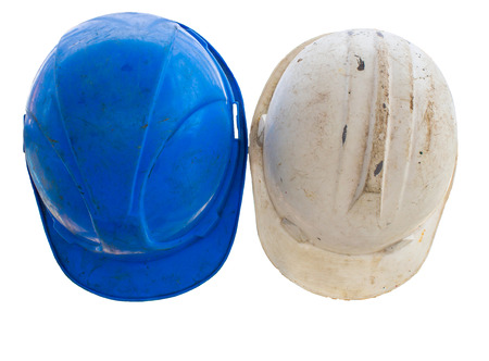 Old construction helmets is blue and white colorの写真素材