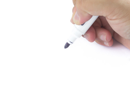 hand is ready for drawing with blue marker. Isolated on white の写真素材