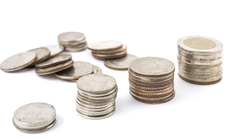 Silver coins of Thailand and white backgroundの写真素材