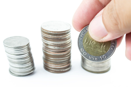 Silver coins of Thailand and white backgroundの写真素材