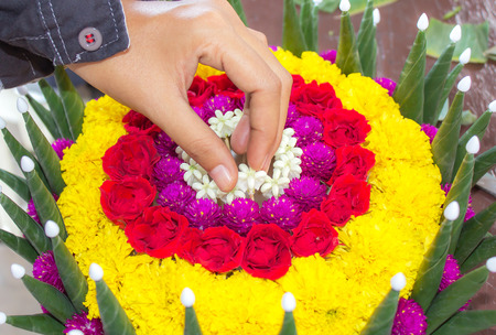 The process Krathong it's made with banana leaves and flower for floating tradition in Thailand.の写真素材