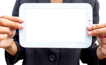 Young person showing white tabletの写真素材