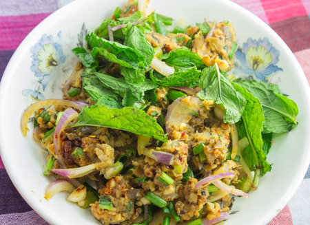 spicy catfish salad is thai food style that savor sour and spicy の写真素材
